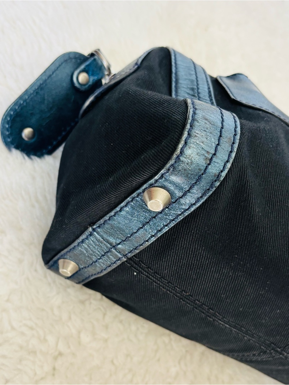 Chloe Metallic Blue Leather Black Canvas Handbag/Duffle Bag 12”x8”x7” - Picture 9 of 16